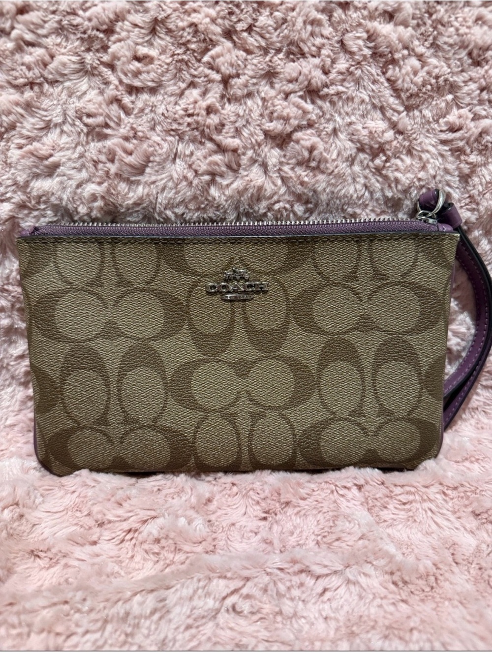 Coach Brown Signature Canvas Wristlet with Purple Trim